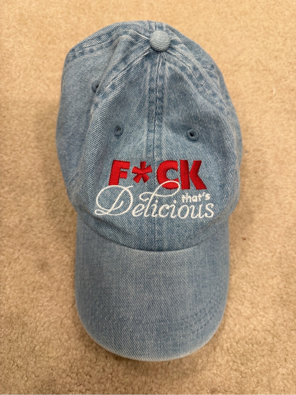 Vintage “F*CK That’s Delicious” Light Wash Denim Strapback Hat - Rare Find
